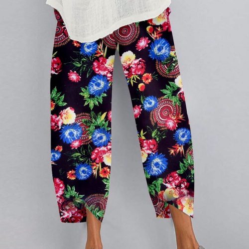 Summer Fashion Loose Plus Size Elastic Waist Cropped Pants Casual Irregular Wide Leg Pants Multi-color Print Cotton Linen Pants