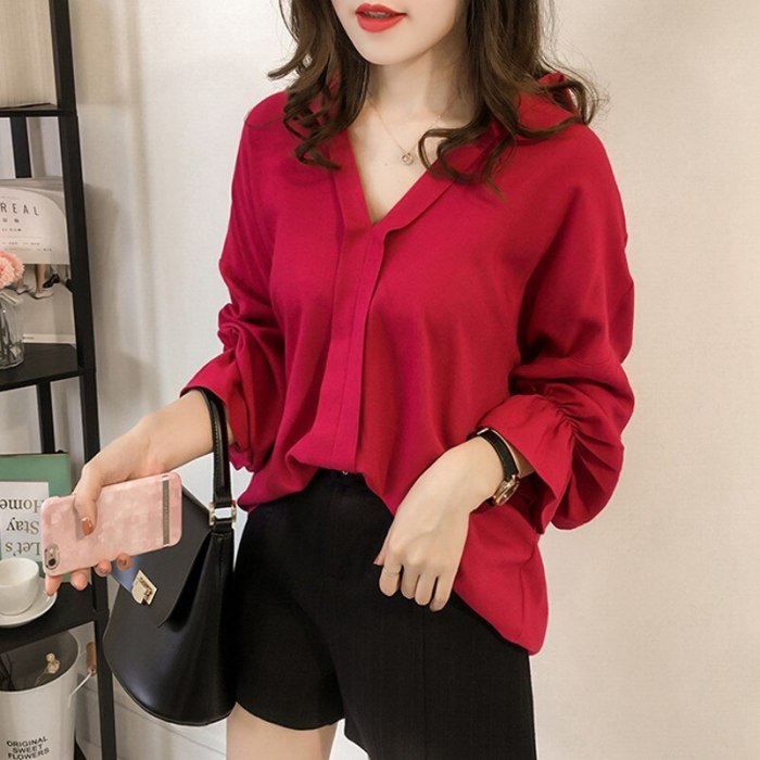 2021 Summer Women Chiffon Blouse Long Sleeve Red Ladies Office Shirts Work Shirt Casul Female Clothing Plus Size Tops NewIn