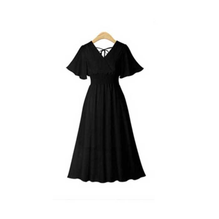 2021 V Neck Chiffon pink Dress Summer Women Medium Long Slim Retro Dress Lotus Leaf Beach Dress black white dress