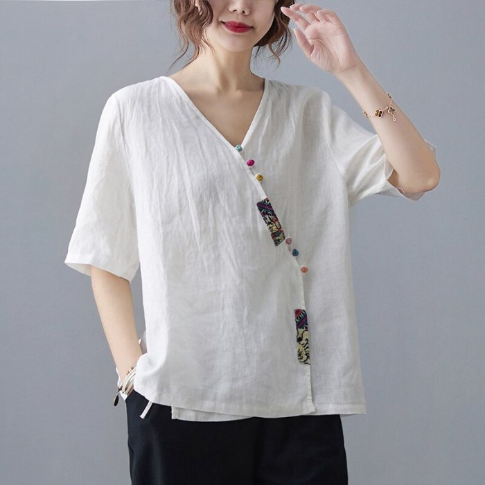 Plus Size Women'S Clothing Thin Literature And Art Slant Front V-Neck Top Short Sleeve Casual Cotton Linen Shirt
