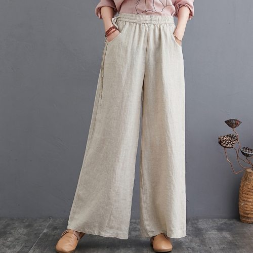 Women Autumn Casual Wide Leg Pants New 2021 Vintage Style Elastic Waist Loose Comfortable Female Cotton Linen Trousers S1505