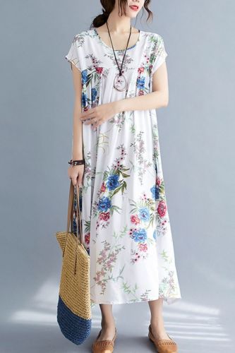 2021 New Short Sleeve Loose Summer Dresss Soft Cotton Linen Floral Printing Women Casual Dress Oversized Boho Style Maxi Dress