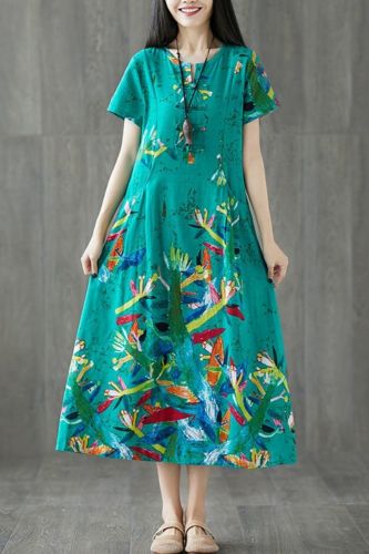 Casual Maxi Dress Women's Sundress 2019 Print Linen Dress Female Short Sleeve Summer Long Vestidos dress W711
