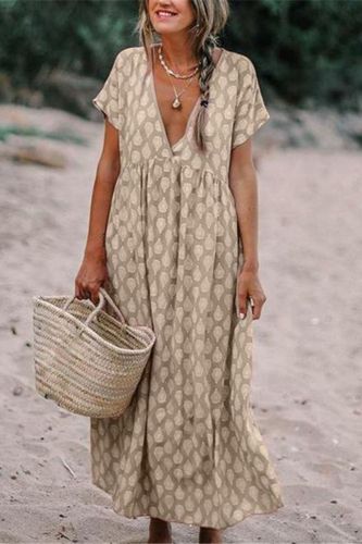 Womens Boho Deep V Neck Polka Dots Floral Print Baggy Tunic Long Pleated Dress Loose Summer Beach Holiday Sundress 2021