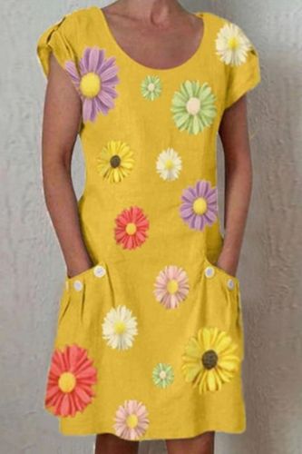 New Vintage Floral Print Dress Summer Short Sleeve Pockets Slim Women's Dress Casual Streetwear Beach Ladies Party Midi Dresses