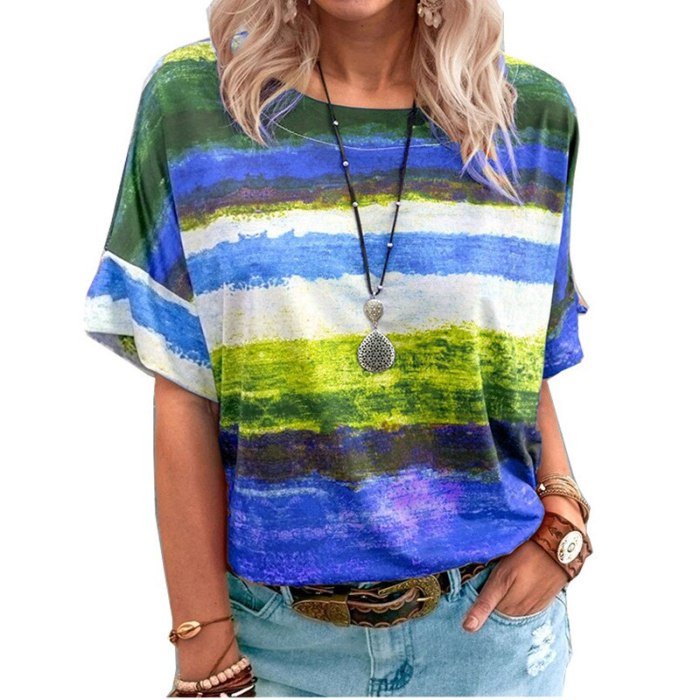 New Women's T-shirts Rainbow Gradient Short Sleeve Loose Pullovers Women Elegant Round Neck Vintage Stripe Print Streetwear