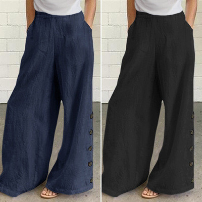 New Ladies Retro Loose Mid-Waist Cotton And Linen Trousers Wide-Leg Pants Casual Pants