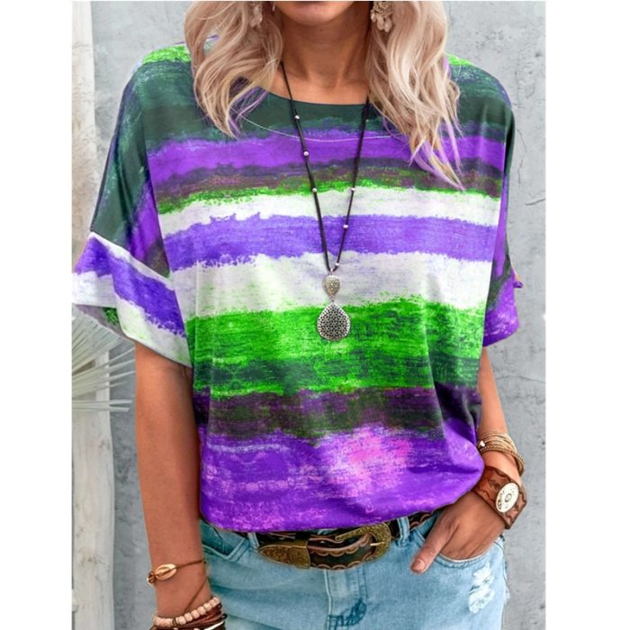 New Women's T-shirts Rainbow Gradient Short Sleeve Loose Pullovers Women Elegant Round Neck Vintage Stripe Print Streetwear