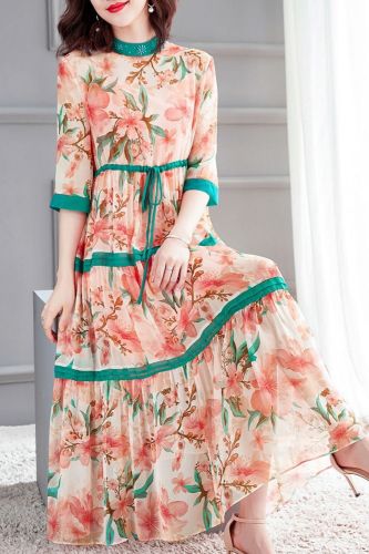Women Floral Print Chiffon Elegant ADress O-Neck Half Sleeve Bohimian Long Dress Two-pcs  2021 Spring Summer Women New Fashion