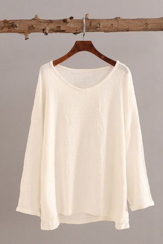 Women New Cotton Linen Solid Loose O-Neck Blouses&Shirts