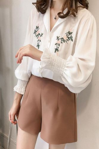 Women Chiffon Embroidered Blouses Feminine Long Sleeve Shirt Loose Lantern Sleeve Cotton Lining Tops British Style Plus Size 4XL