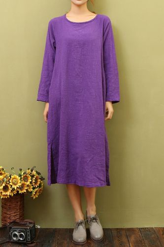 Women Cotton Linen Dress O-Neck Long Sleeve 2021 Autumn New Fashion Loose Casual Women Clothes 5 Colour Dress Sweet
