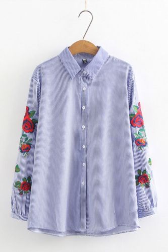 Women Elegant Floral Embroidery Lantern Sleeve Shirts