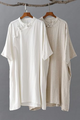 2021 Summer Cotton Linen Women's Dresses Loose Vintage Stand Short Sleeve Solid Color Robes Plus Size Women Dresses