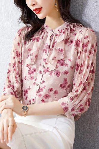 Women Half Sleeve Blouses Ruffle 2021 Loose Floral Printed Chiffon Blouse Women Shirt Ladies Feminine Blouse Office Wear