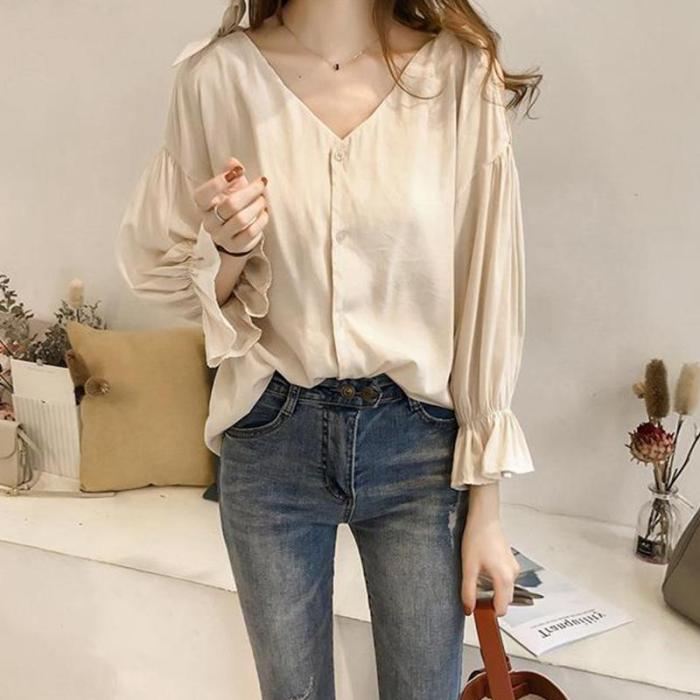 Lady Women Shirt Stylish V-Neck Strapless Blouse Bowknot Flare Sleeve Solid Color Long Sleeve Loose Shirt Female Tops