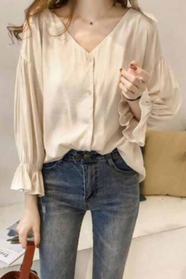 Lady Women Shirt Stylish V-Neck Strapless Blouse Bowknot Flare Sleeve Solid Color Long Sleeve Loose Shirt Female Tops