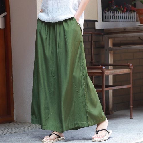 Summer Wide Leg Pants New Solid Color 2021 Women Loose Elastic Waist Pockets Casual 3 Colors Ankle-Length Pants