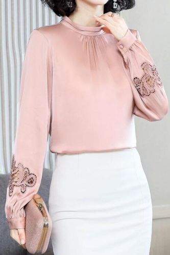 Long Sleeve Solid Silk Blouses Lantern Sleeve For Women Office Lady Casual Tops 2020 Spring New Fashion Shirts Lace Patchwork