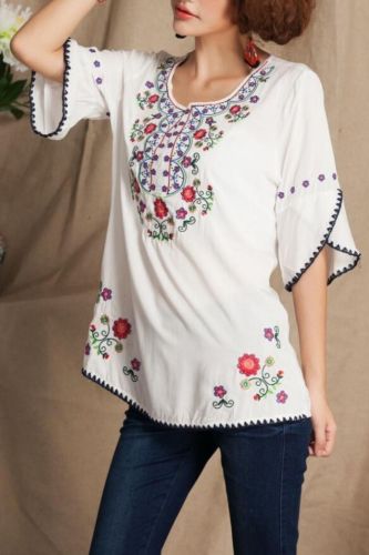 2021 Vintage 70s Mexican Floral Embroidery Boho Women Hippie Blouse Women Tunic Soft Cotton Summer Shirts Tops Blusa Mujer
