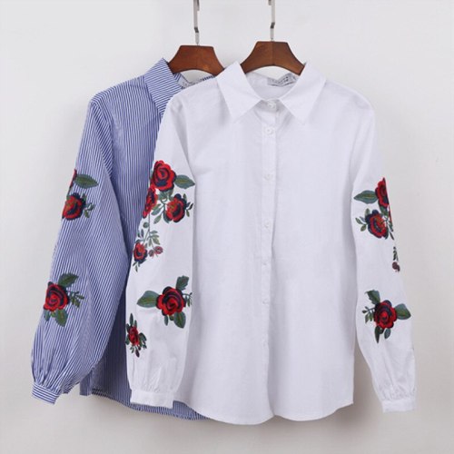 Women Elegant Floral Embroidery Lantern Sleeve Shirts