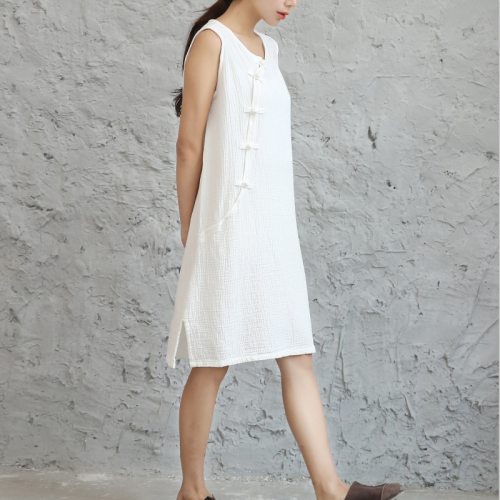 New arrival summer vest dresses cotton and linen women's clothing retro one piece dress Chinese plate buckle dress female gown