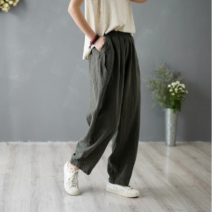 2021 Summer New Women Pants Loose Large Size Cotton Linen Stitching Elastic Band Solid Trousers Women's Bloomers Wide Leg Pants