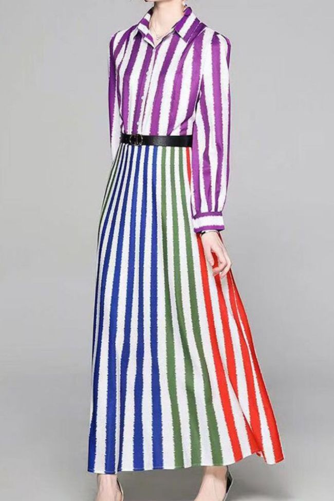 2021 New Summer Fashion Designer Woman Shirt Dress Vintage Multi Stripe Print Robe Femme Beach Ladies Elegant Party Maxi Dresses