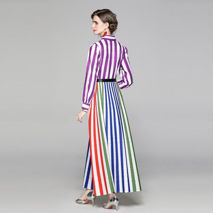 2021 New Summer Fashion Designer Woman Shirt Dress Vintage Multi Stripe Print Robe Femme Beach Ladies Elegant Party Maxi Dresses