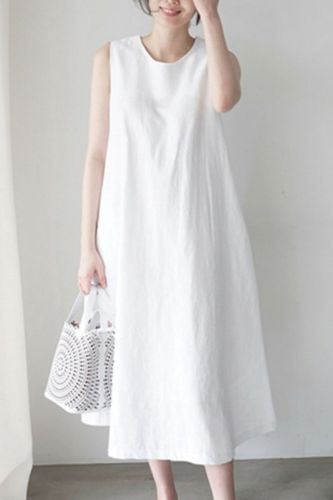 Women Summer New Korean Cotton And Linen Sleeveless Vest Loose Slim Linen Literary Knee Dress Female