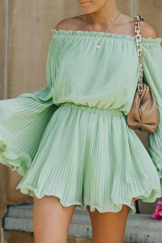 XS-2XL Summer Women Plus Size Solid Color Pleated Off The Shoulder Ruffled Fashion Elegant Romper One Piece Playsuit
