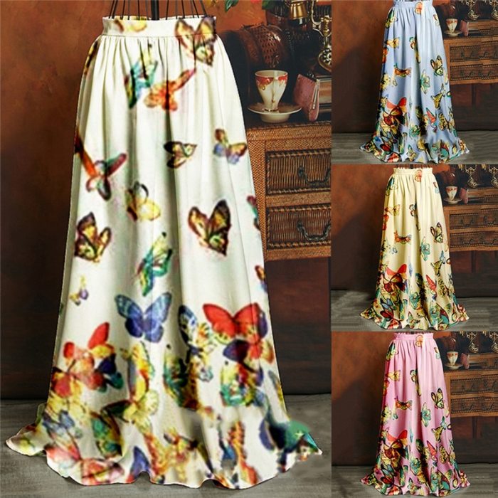 High Waist Boho Print Long Skirt Women Maxi Skirt Butterfly Print Beach Skirt Female Chic Vintage