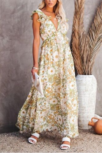 Bow Tie Ruffles Beach Boho Dresses Women Plus Size Maxi Summer 2021 Sleeveless Holiday Floral Femino Dress Vestidos