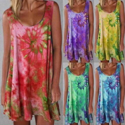 Plue Size Summer Tie-dye Dress Bohemian Sleeveless Round Neck Loose Women Dress A-line Mini Dress Ladies 2021 S-5xl