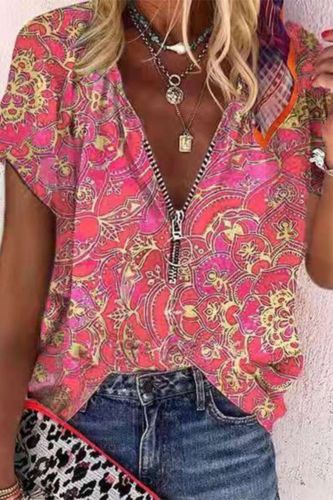 Vintage Zipper Blouse Women's Summer Retro Print V-neck Zipper Short Sleeve Loose Shirt Blouse Ladies Summer Casual Tops