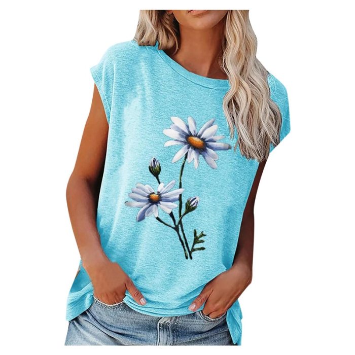 Summer New Loose Round Neck Flower Print T-Shirt