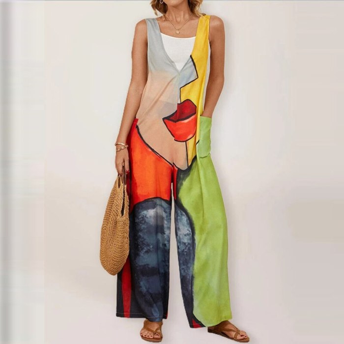 Street Hipster Multicolor Printed Sleeveless Jumpsuit Women's Big Pockets Backless Straight Trousers Summer Casual Wide Leg Pant
