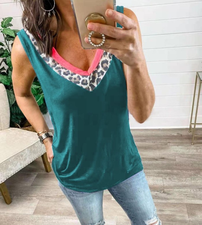 New 2021 Summer Women Fashion Leopard Patchwork V-neck Vest Sleeveless Casual Tops Ladies Tank Tops T-Shirts Plus Size S-5XL