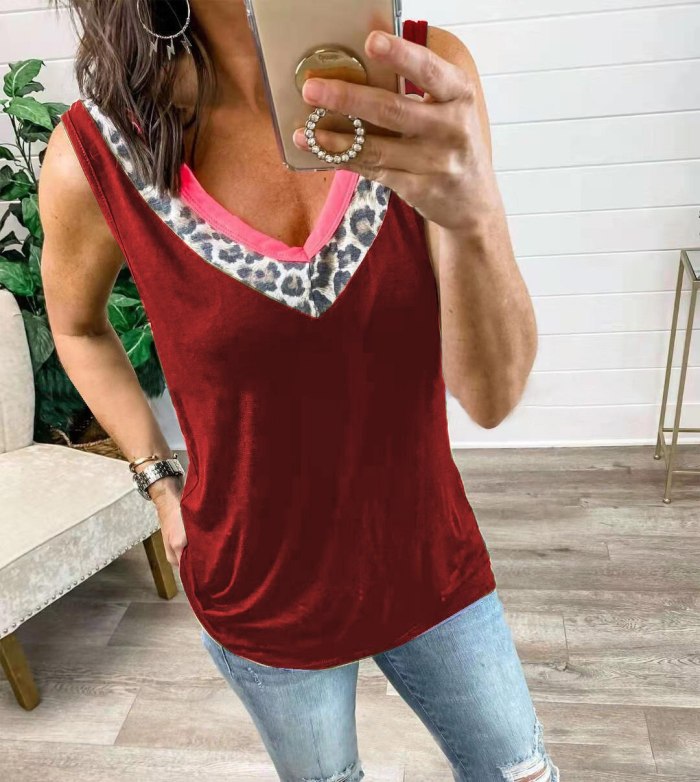 New 2021 Summer Women Fashion Leopard Patchwork V-neck Vest Sleeveless Casual Tops Ladies Tank Tops T-Shirts Plus Size S-5XL