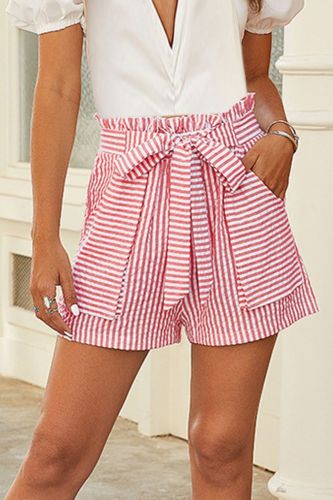 Summer Casual Women Shorts Beach Stripe Pockets Bow Bandage Elastic High Waist Shorts Female Holiday Vocation Loose Short Red