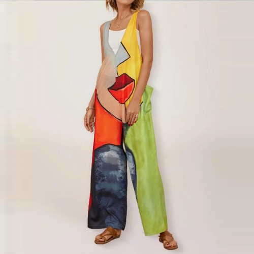 Street Hipster Multicolor Printed Sleeveless Jumpsuit Women's Big Pockets Backless Straight Trousers Summer Casual Wide Leg Pant