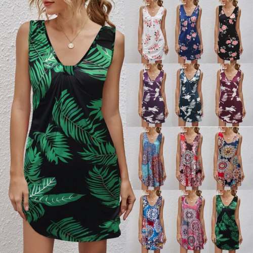 Women's Summer Cusual Deep V Neck Sling Slim Mini Dress 2021 New Fashion Tunic Print Sleeveless Ladies Dresses Plus Size