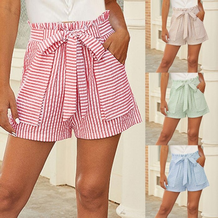 Summer Casual Women Beach Stripe Pockets Loose Shorts