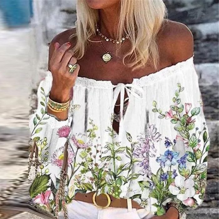 2021 Boho Blouse Elegant Floral Print Flare Sleeve Shirt Sexy Lace-up Tassel Off Shoulder Women Tops Spring Summer Chic Blouses