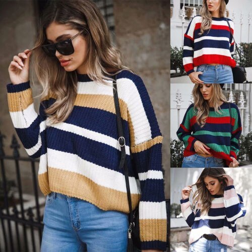 2018 New Fashion Hot Popular Women Long Sleeve Loose Striped Knitted Sweater Jumper Knitwear Outwear Sweater