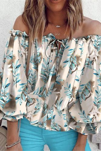 Elegant Floral Print Flare Sleeve  Lace-up Tassel Blouses&Shirts