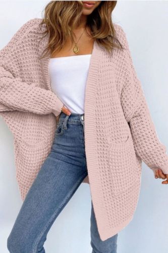 Women Loose Oversized Sweater Cardigan Solid Color Batwing Sleeve Buttonless Thick Long Knit Outerwear with Pocket
