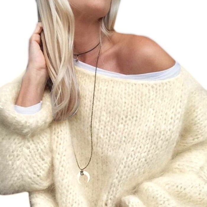 Women Lantern Long Sleeve Sweater Fluffy Mohair Chunky Knit Loose Jumper Tops