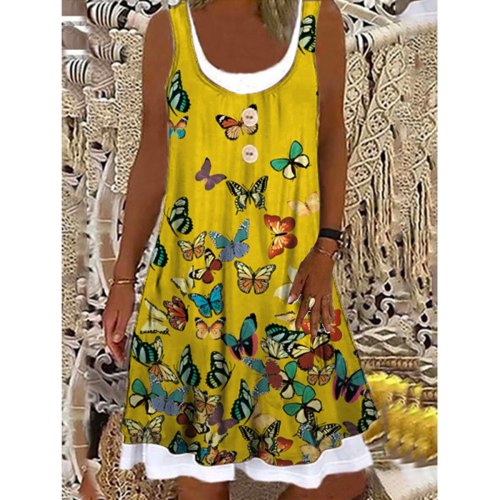 Women New Casual Splice Fake Two O-Neck Sleeveless Print Cotton Loose Large Size 3XL Mid Dress Female Vestidos For Summer 2021