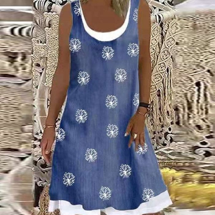 Women Summer Casual Denim Printing Sleeveless Dress 2021 Ladies Elegant O Neck Loose Mini Dress Streetwear Plus Size Retro Dress